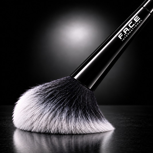 Close-up of a FACE INTERNATIONAL makeup brush showing dense compressed fibers