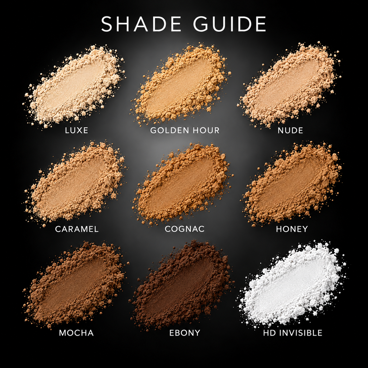 FACE INTERNATIONAL Luxury Silk HD Finishing Powder shade guide with all nine shades