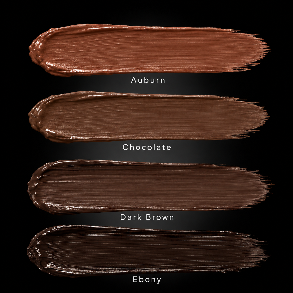Brow Gel shade guide showing Auburn, Chocolate, Dark Brown, and Ebony