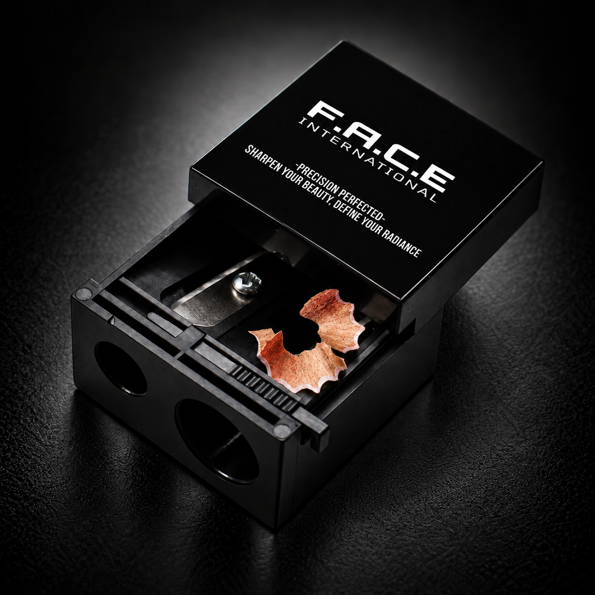 F.A.C.E INTERNATIONAL dual-hole cosmetic pencil sharpener with sliding cover and collected pencil shavings