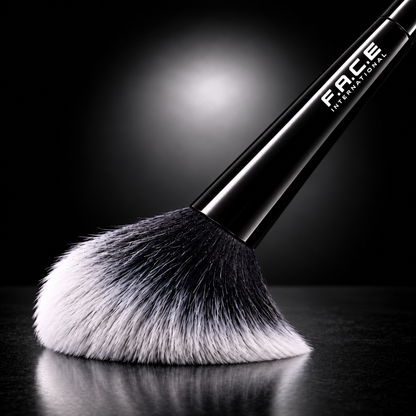 Close-up of a FACE INTERNATIONAL makeup brush showing dense compressed fibers