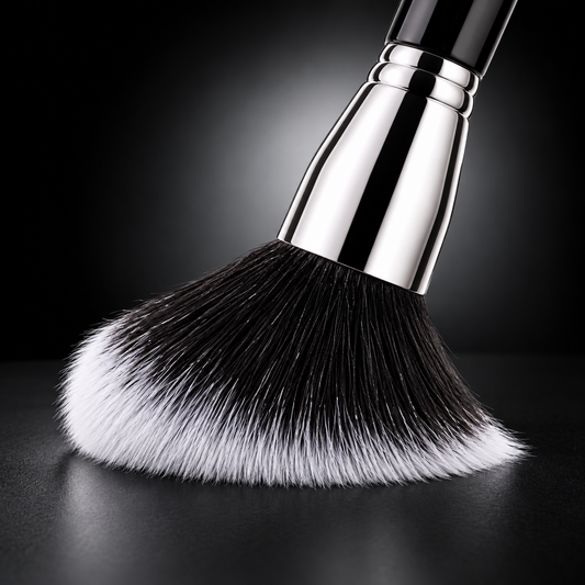 Close-up of the Large Dome Powder Brush pressed and fanned against a black counter, with dense bristles and silver ferrule in view