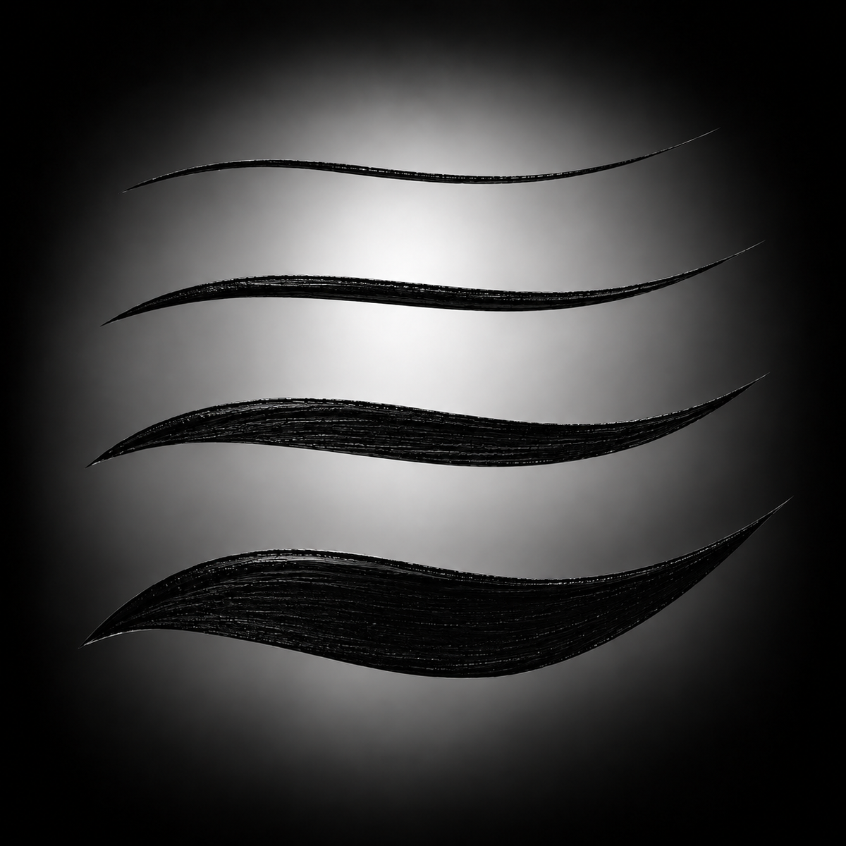 Four black gel eyeliner strokes ranging from fine to bold