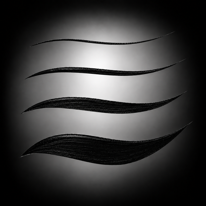 Four black gel eyeliner strokes ranging from fine to bold