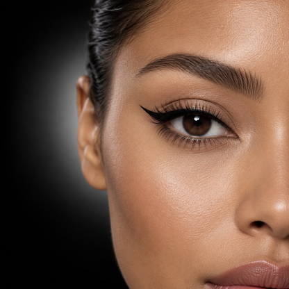 Close-up of a precise black winged eyeliner look