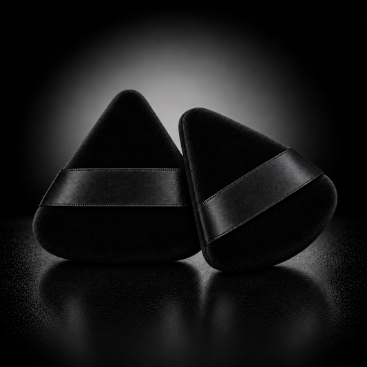 Two black triangular velour powder puffs with plain black satin finger bands